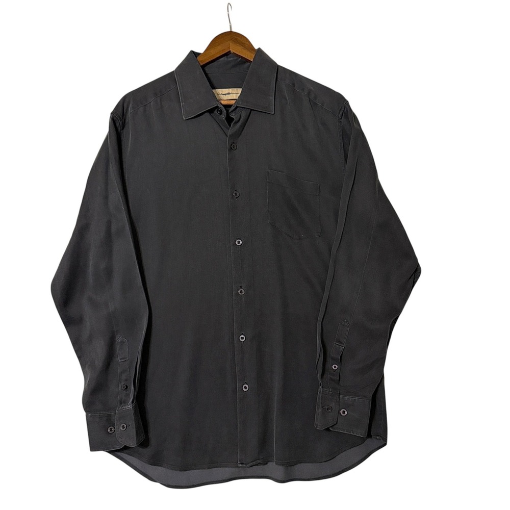 Tommy Bahama Mens Large Black Silk Wool Blend Long Sleeve Button Down Shirt